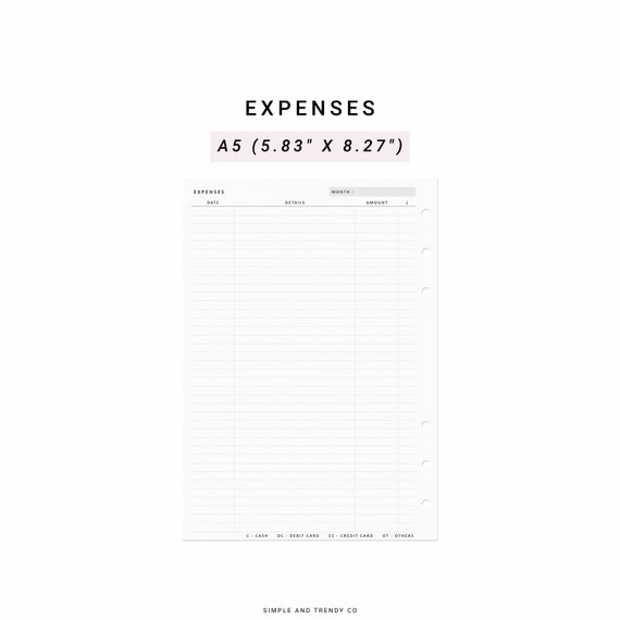 Expense Tracker A5 Planner Inserts, Printable Personal Expenses Organizer, Monthly Expenses Planner, Expense Checklist Expenses Log Tracker