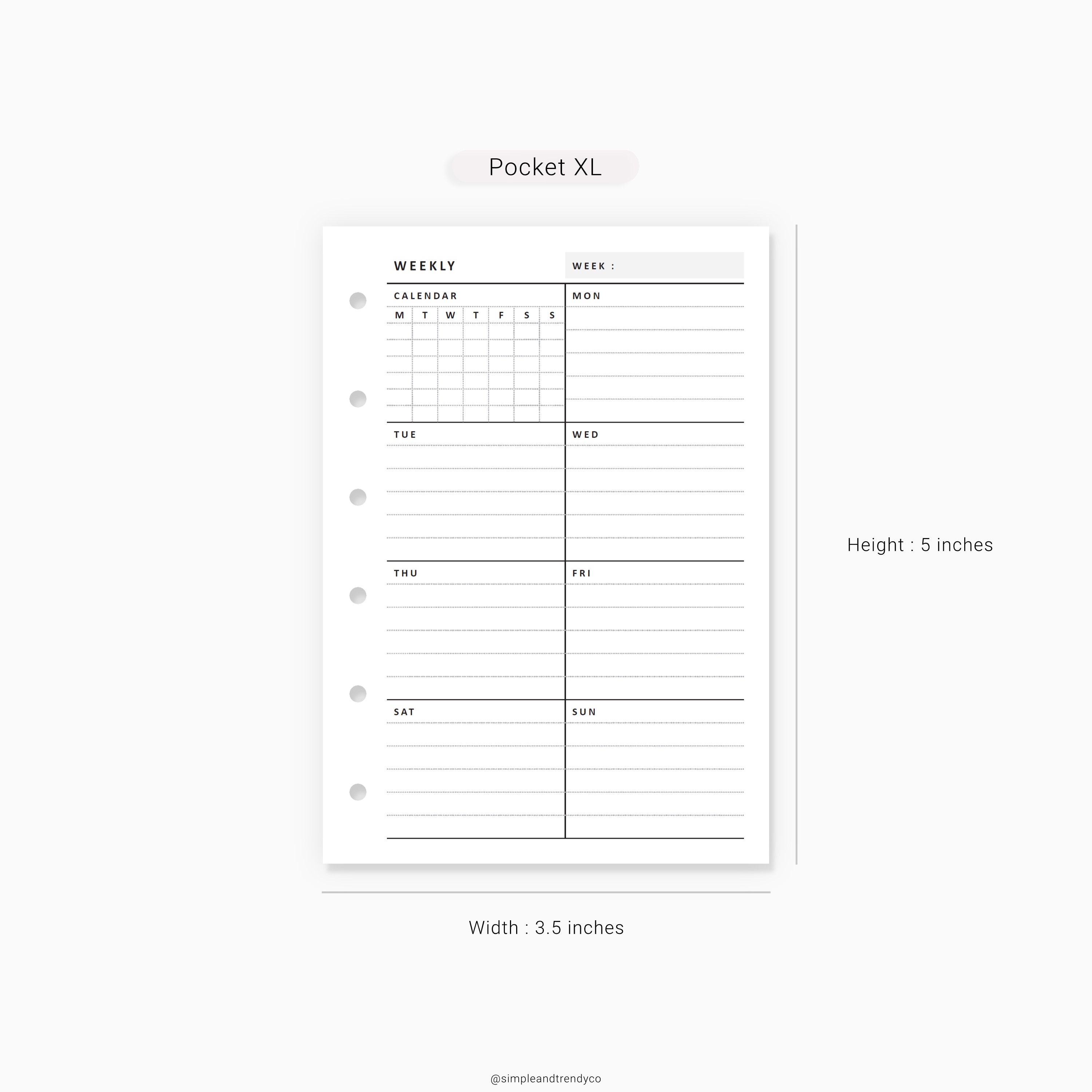 Week on One Page Printable Pocket XL Weekly 1 Page Vertical | Etsy