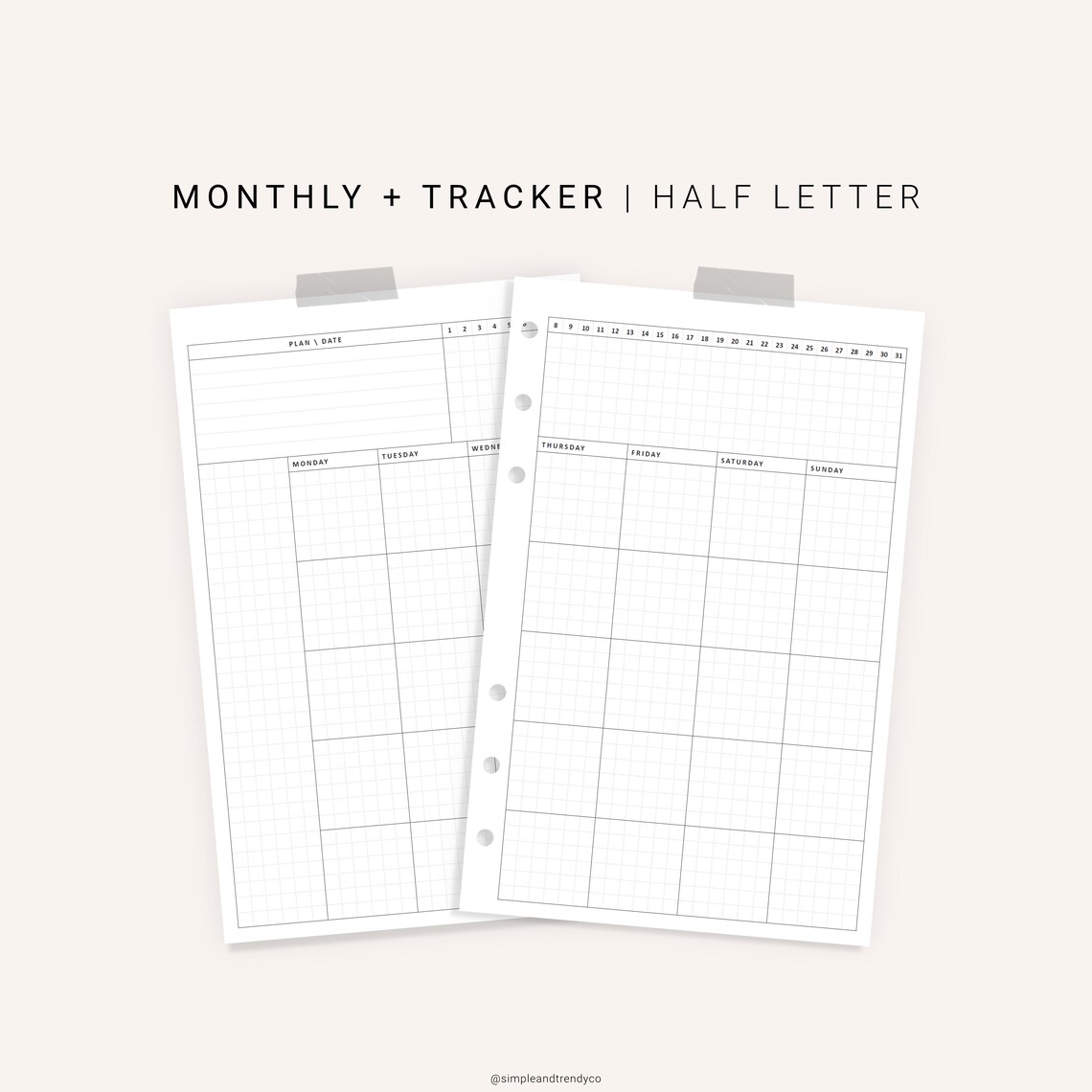 Monthly Planner Printable Half Size Half Letter Inserts | Etsy