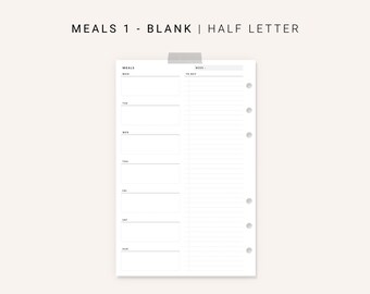 Meal Planner Half size Half Letter Inserts, Weekly Meal Plan Template Printable, Grocery List, Shopping List, To Buy List, Menu Planner
