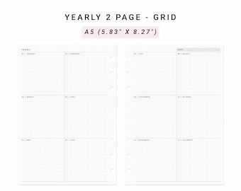 May include: A two-page A5 planner insert measuring 5.83 inches by 8.27 inches, featuring a yearly grid layout. The white paper has black text and lines, with six months per page, labeled January through December, and six binder ring holes.