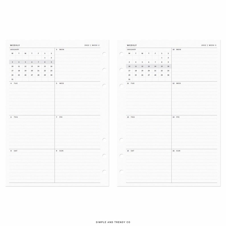 Week on One Page Printable A5 Planner Inserts 2022 Dated Etsy