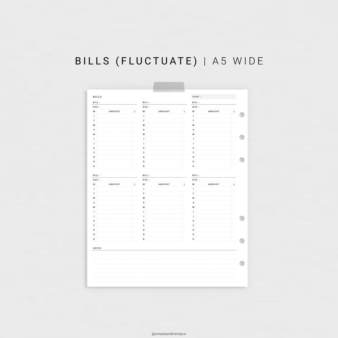 A5 Wide Bill Tracker Printable Bill Organizer Bill Due | Etsy