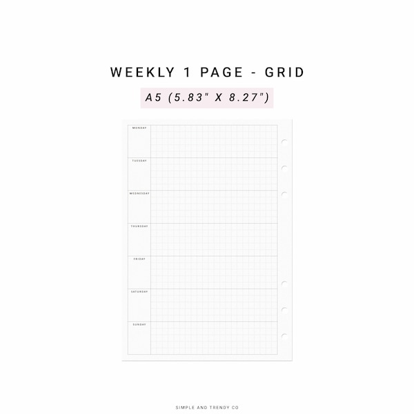 Weekly on One Page, Weekly Planner Pages Printable A5 Planner Inserts, Weekly Schedule, Weekly Planner Agenda,Weekly Planner Refills