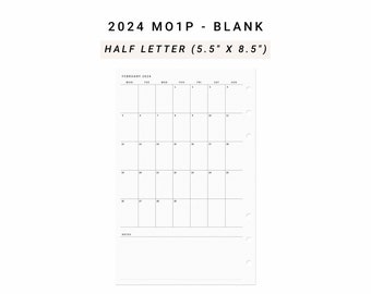 2024 Month on One Page MO1P, Half size Half Letter Inserts, Minimalist Monthly Planner Printable, At A Glance Monthly Layout