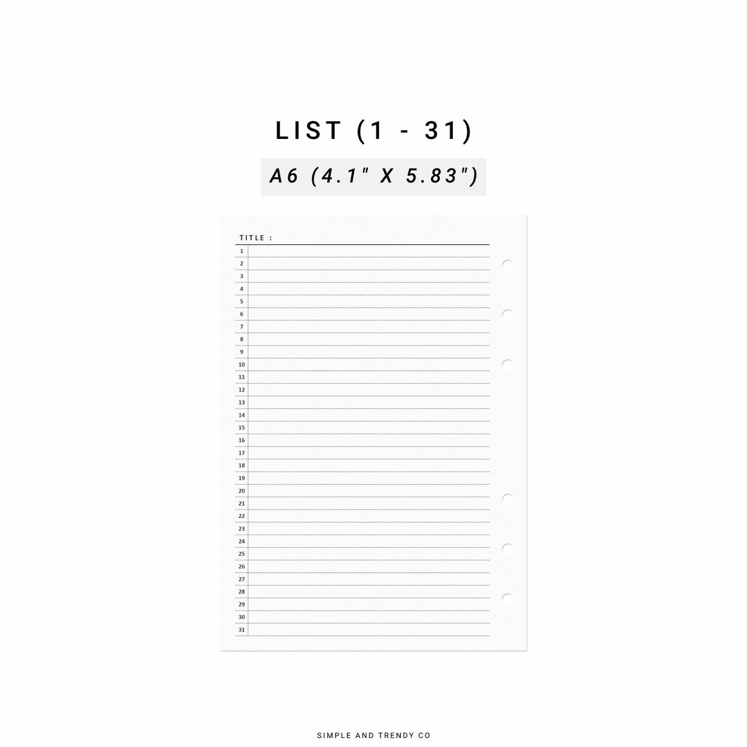 Monthly List A6 Inserts, Printable Month on 1 Page List, 31 Days List ...