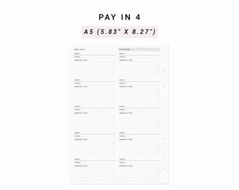Pay in 4 Tracker A5 Planner Inserts, Printable Buy Now Pay Later Payment Tracker, Afterpay, Klarna, Paypal, Affirm, Splitit, Applepay