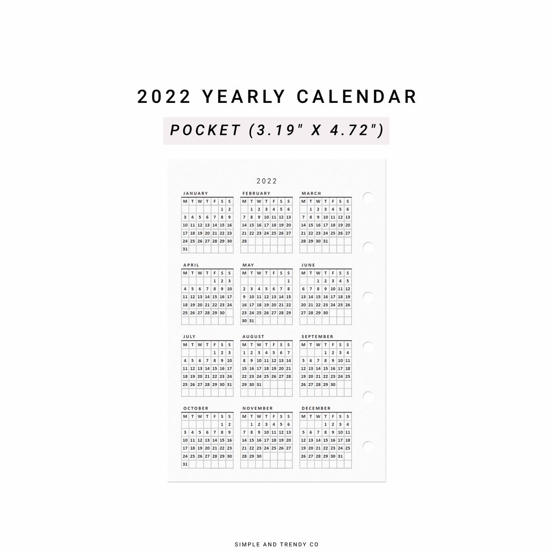 Pocket Size Calendar Printable 2022 Calendar Sunday Monday - Etsy