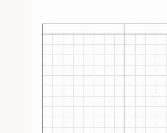 May include: A white paper sheet featuring a black grid pattern with thin dotted lines. The layout includes a solid horizontal black line at the top and a vertical black line separating two distinct sections of the grid on the page.