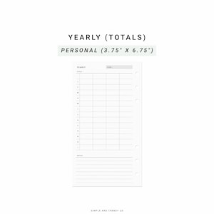 Może przedstawiać: Biała wkładka do planera z tekstem "YEARLY (TOTALS)" i "PERSONAL (9,5 cm x 17,1 cm)". Wkładka zawiera siatkę dla rocznych sum, z sekcjami dla miesięcy i notatek. Na dole wkładki znajduje się tekst "SIMPLE AND TRENDY CO".