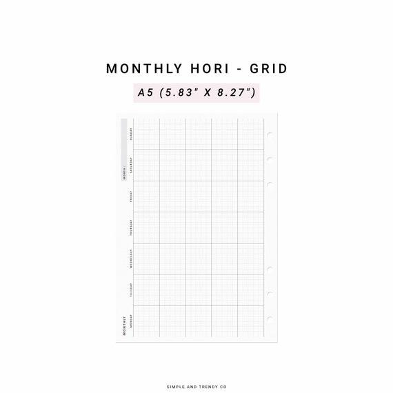 Month on One Page Horizontal Printable MO1P A5 Planner Inserts - Etsy
