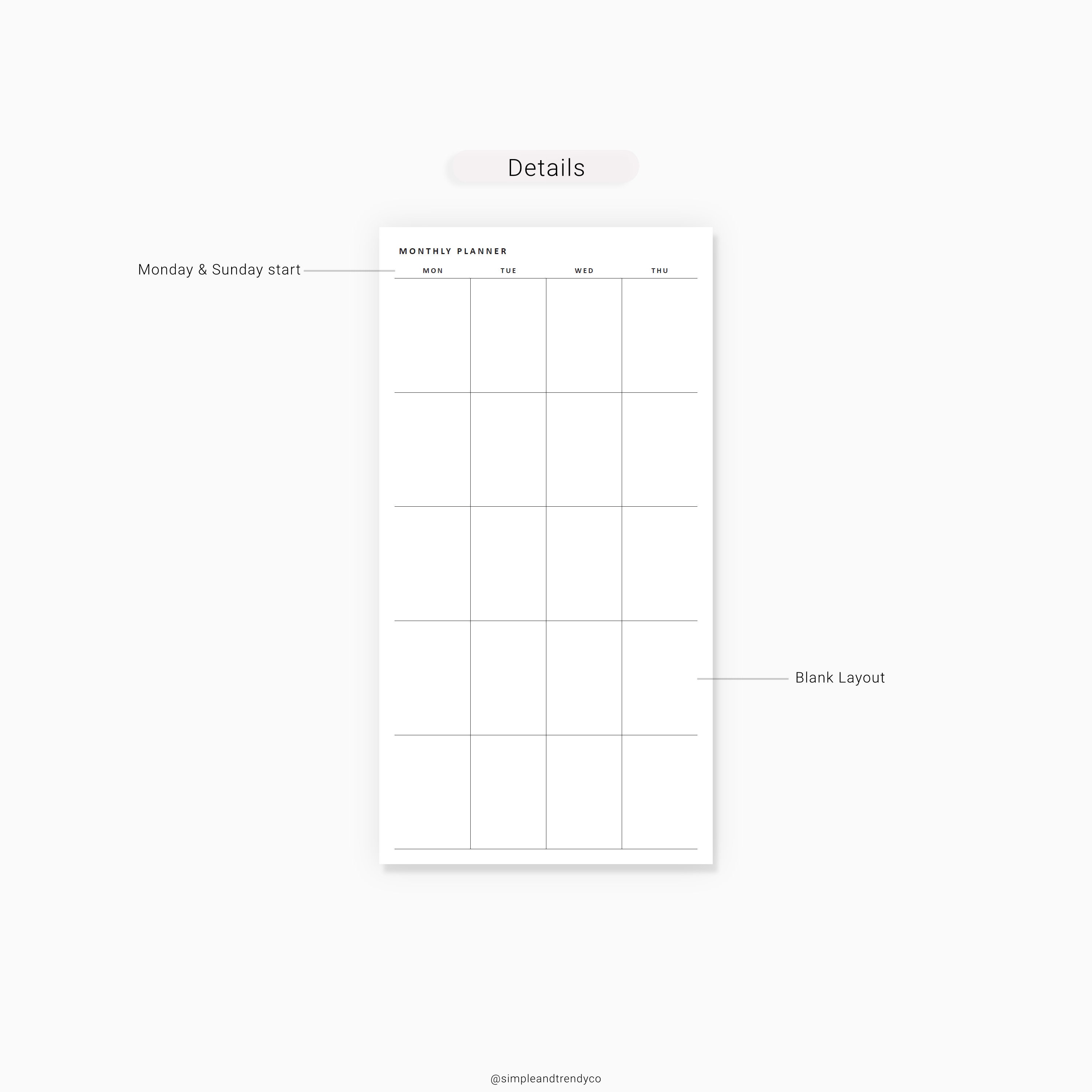 Monthly Planner Printable Minimalist TN Standard Undated | Etsy