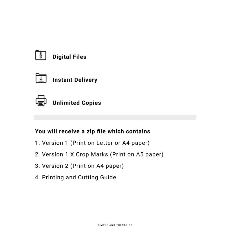 May include: White graphic with text about digital files, instant delivery, and unlimited copies. The text also includes instructions for printing on Letter, A4, and A5 paper sizes, plus a printing and cutting guide.