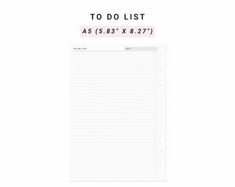 May include: A white A5 planner insert measuring 5.83 inches by 8.27 inches, featuring a to-do list layout with horizontal lines, a date field at the top, and six circular punch holes along the right side for binder compatibility.