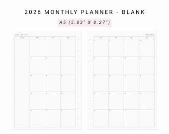 2026 Monthly Planner Minimalist Printable, A5 Planner Inserts