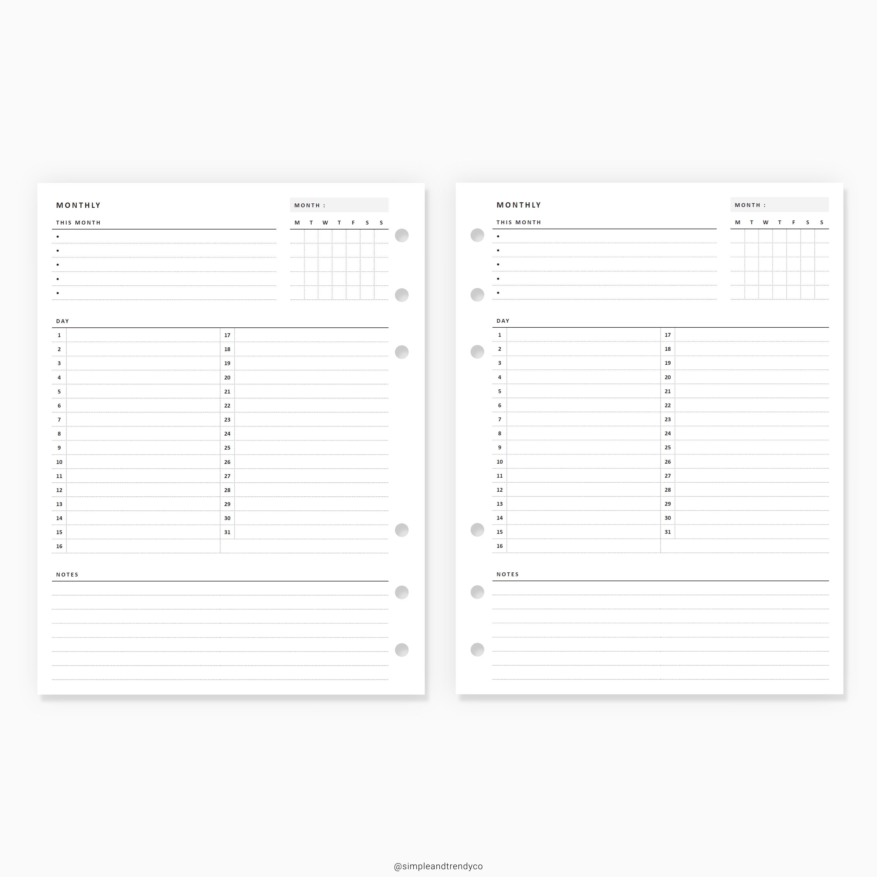 Monthly Overview Printable B6 Size Month on a Page Month at | Etsy Canada