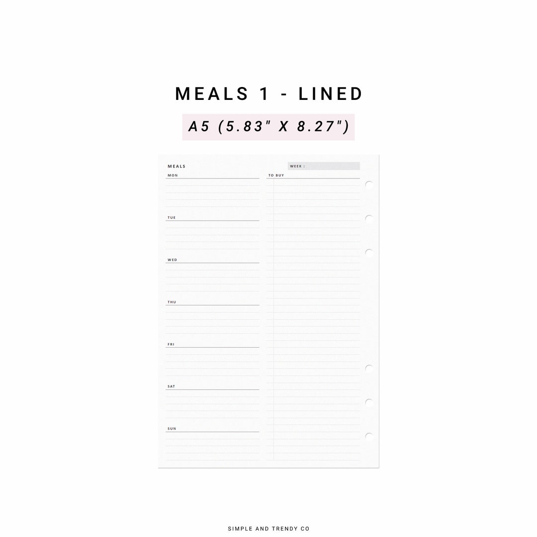 Meal Planner A5 Planner Inserts, Weekly Meal Plan Template Printable ...