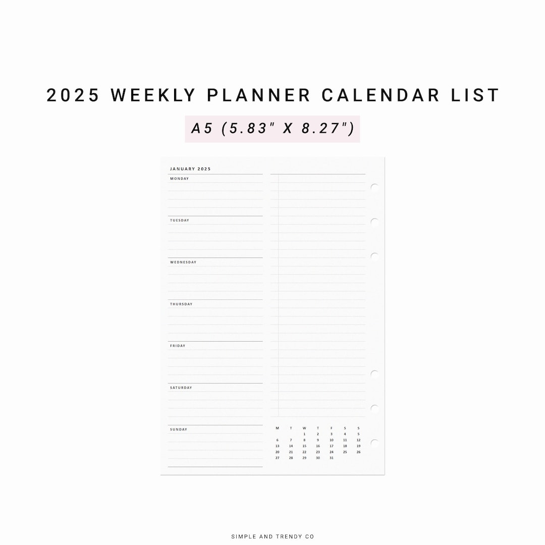2025 Weekly Planner Agenda, A5 Planner Inserts, Printable WO1P With ...