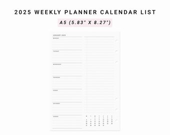 2025 Weekly Planner Agenda, A5 Planner Inserts, Printable WO1P With Calendar