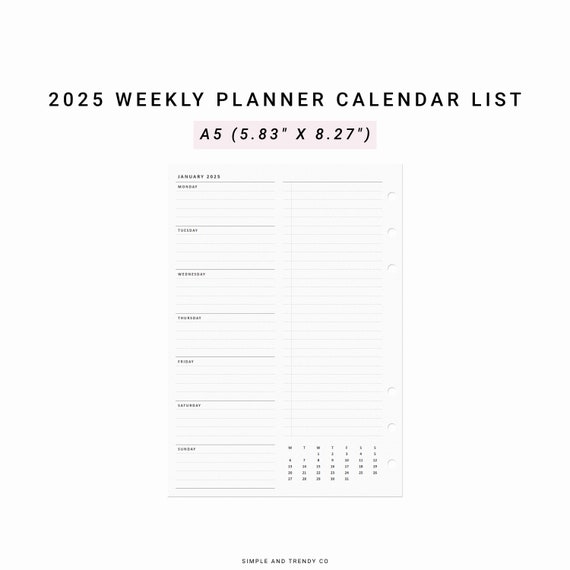 2025 Weekly Planner Agenda, A5 Planner Inserts, Printable WO1P With Calendar
