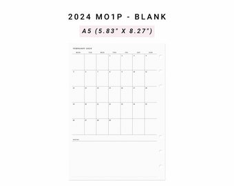 2024 Month on One Page MO1P, A5 Planner Inserts, Minimalist Monthly Planner Printable, At A Glance Monthly Layout