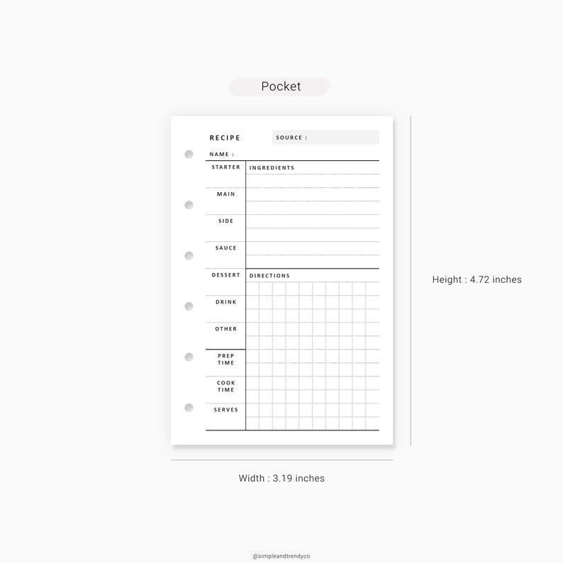Recipe Pocket Size Recipe Planner Printable Recipe Template Etsy