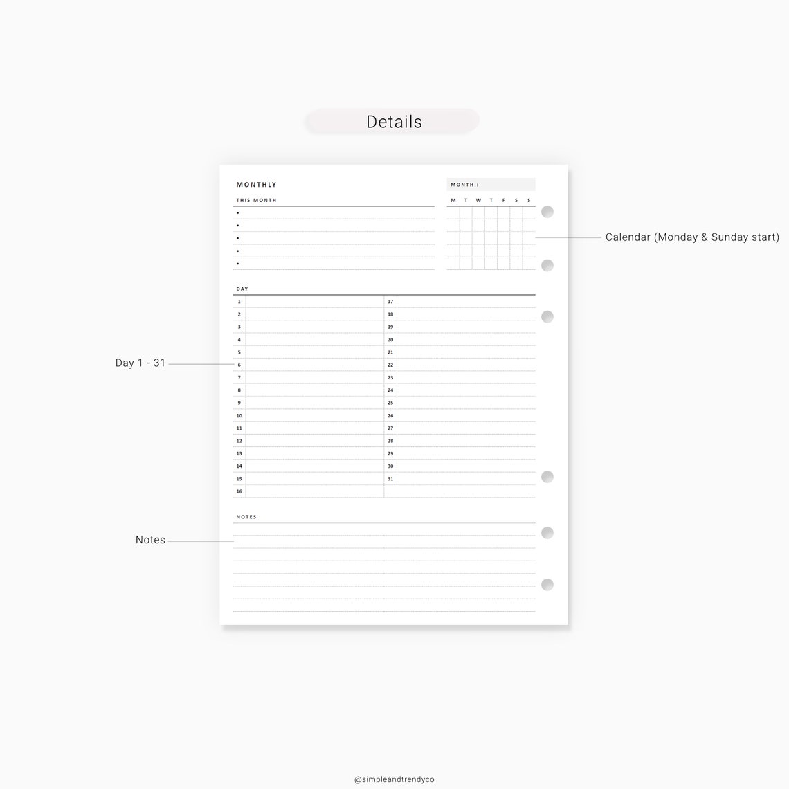 Monthly Overview Printable B6 Size Month on a Page Month at | Etsy Canada