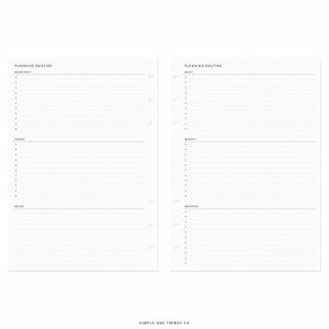 May include: Two white planner pages with black text and lines. The left page features sections for Quarterly, Yearly, and Notes. The right page features sections for Daily, Weekly, and Monthly. Both pages have six circular punch holes on the inner edges.