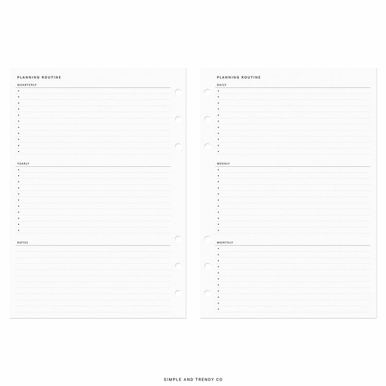 May include: Two white planner pages with black text and lines. The left page features sections for Quarterly, Yearly, and Notes. The right page features sections for Daily, Weekly, and Monthly. Both pages have six circular punch holes on the inner edges.