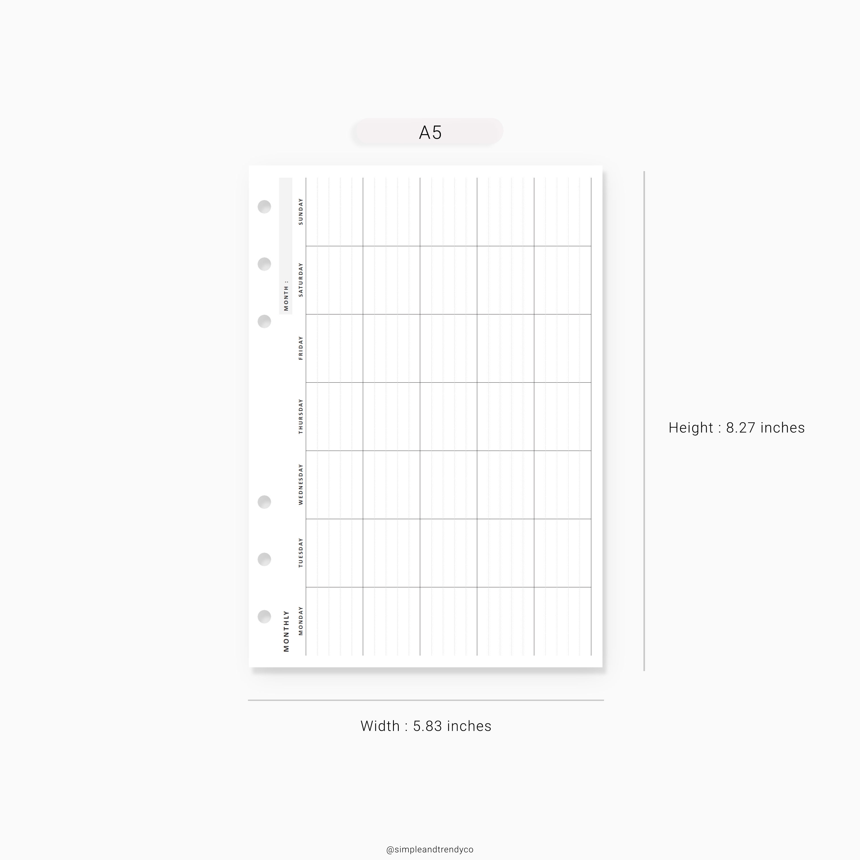Month on One Page Horizontal Printable MO1P A5 Planner Inserts | Etsy