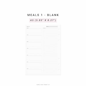 May include: A blank meal planner printable in A5 size (5.83 inches by 8.27 inches). The planner has a column for each day of the week and a section for a grocery list.