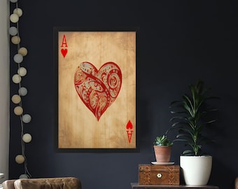 Ace of Hearts, Spielzimmer Dekor, Gerahmte Wandkunst, Wanddekoration, Holz Wandkunst, gerahmte Drucke, Holzschild, Drucke Wandkunst, Geschenk zur Wohnungserwärmung