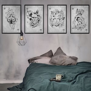 Conjunto de caixa de cartas de jogo da mitologia grega (Ás, Medusa, Perseu, Poseidon), decoração de parede de deuses gregos, arte de parede emoldurada, suspensão de parede