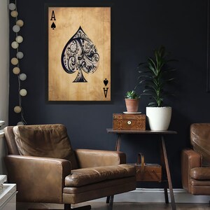 May include: A vintage-style illustration of the Ace of Spades playing card with an ornate design. The card is printed on a brown background and framed in black.