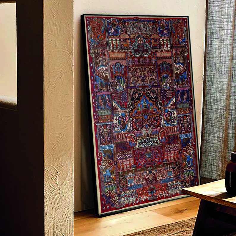 May include: A framed tapestry with a colorful, intricate design featuring geometric patterns, floral motifs, and animal figures. The tapestry is predominantly red, blue, and gold.