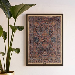 May include: A framed print of a vintage rug with intricate geometric patterns in shades of blue, red, and beige. The rug is surrounded by a brown frame and the word "ISFAHAN" is printed in the bottom right corner.
