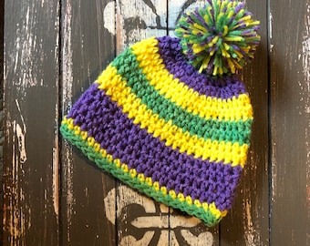 Mardi Gras Baby Hat, baby beanie, baby Mardi Gras, , purple beanie, green beanie, yellow beanie, striped beanie, mardi gras slouchy hat