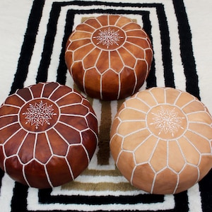 Ottoman footstool leather pouf living room decor, leather pouf ottoman Tan & Dark leather, handmade furniture, moroccan pouf, Floor Cushion