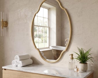 Scalloped Brass Mirror, Unlacquered Brass Bathroom Vanity Mirror, Gold Oval Wall Mirror, Handmade Powder Room Decor, Entryway Mirror