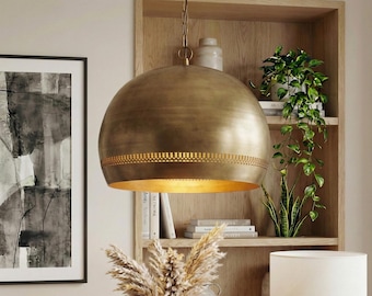 Handmade Moroccan Solid Brass Dome Pendant Light | Gold Ceiling Chandelier for Kitchen Island, Living Room and Entryway