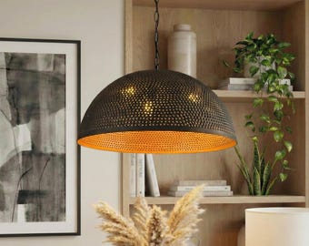 Black & Gold Moroccan Brass Dome Pendant Light | Handmade Perforated Ceiling Lamp for Kitchen Island, Dining | Living Room