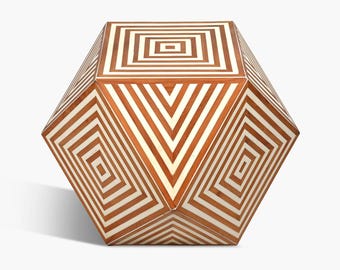 May include: A geometric coffee table with a white and brown striped pattern. The table is made of wood and has a hexagonal shape.
