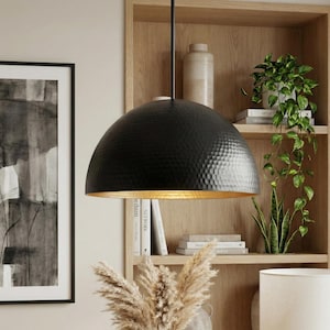 Puede incluir: Una lámpara colgante negra en forma de cúpula con una superficie texturizada y un interior dorado. La luz cuelga de un cable negro. El fondo incluye una estantería de madera con plantas y objetos decorativos.