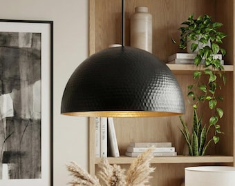 Handmade Black and Brass Hammered Dome Pendant Light | Rustic Copper Ceiling Lamp for Kitchen Island and Dining Room