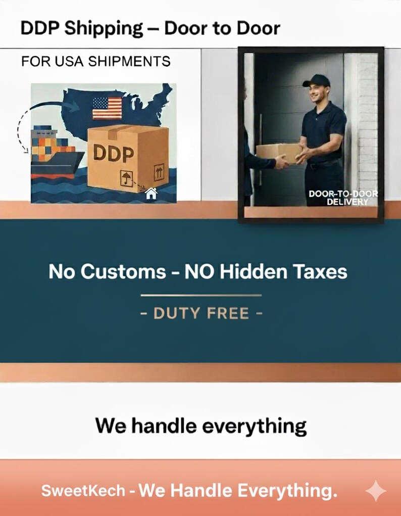 May include: Image promoting door-to-door shipping for USA shipments. A brown box labeled "DDP" is shown with a shipping container and a map of the USA with the American flag. The text reads "No Customs - NO Hidden Taxes - DUTY FREE - We handle everything."