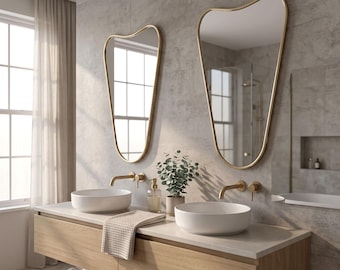 Irregular Brass Mirror, Asymmetrical Vanity Mirror, Wavy Organic Wall Mirror, Unlacquered Brass Bathroom Mirror, Pond Mirror Powder Room