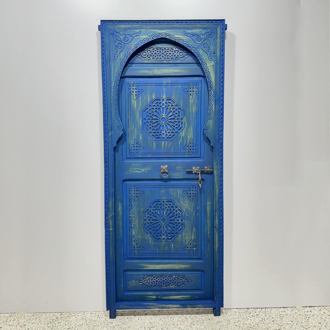 Blue Vintage Home Fall Door Decor, Moroccan Door, Carved Door, Interior