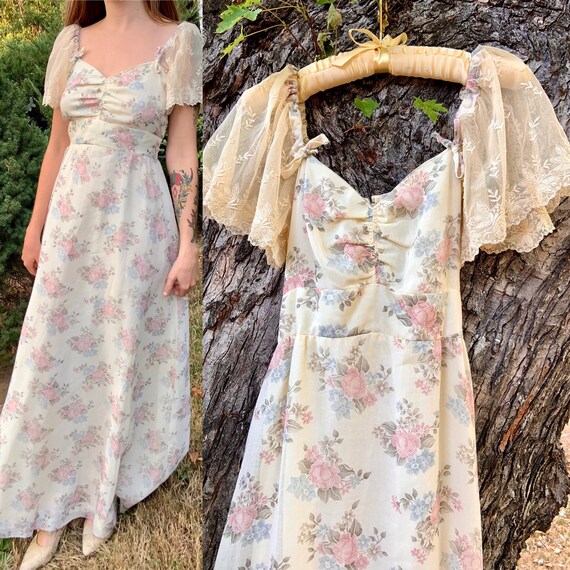 1970s Gunne Sax Style Angel Sleeve Pink Ivory Flor
