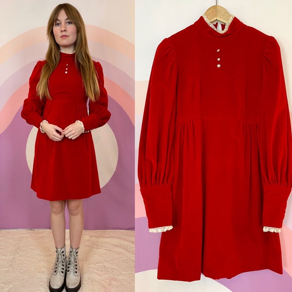 1970s Red Velveteen Gunne Sax Style Victorian High