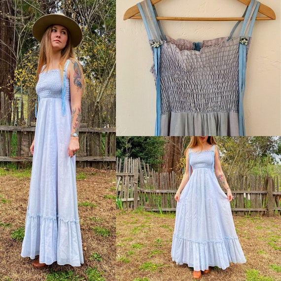 Vintage 1970s Phase II Baby Blue Smocked Maxi Sund